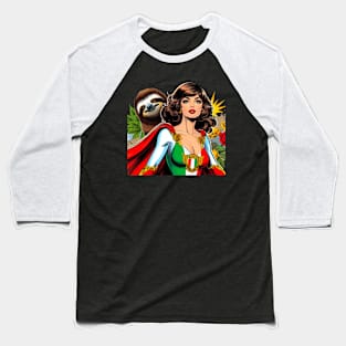 Italian Female Comic Book Superhero with Sloth Baseball T-Shirt